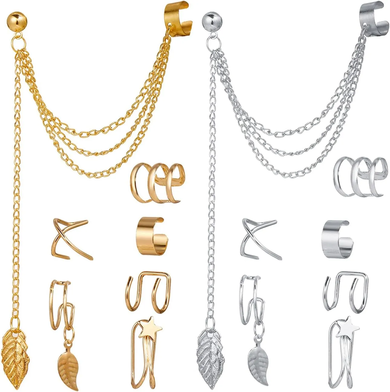 KaFu 14 Pieces Stainless Steel Ear Clip Fake Cartilage Earring Set Helix Wrap Ear Clip Tassel Threader Earrings for Non Piercing & Piercing Ear jewelry Gifts for Women