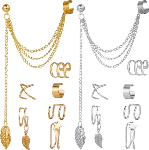 KaFu 14 Pieces Stainless Steel Ear Clip Fake Cartilage Earring Set Helix Wrap Ear Clip Tassel Threader Earrings for Non Piercing & Piercing Ear jewelry Gifts for Women