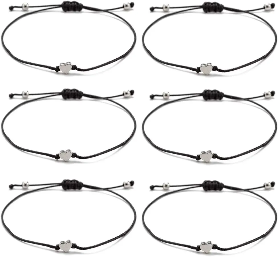 kelistom Red Black String Silver Gold Heart Charm Bracelets for Women Men Handmade Braided Wax Rope Adjustable Bracelet Friendship Jewelry