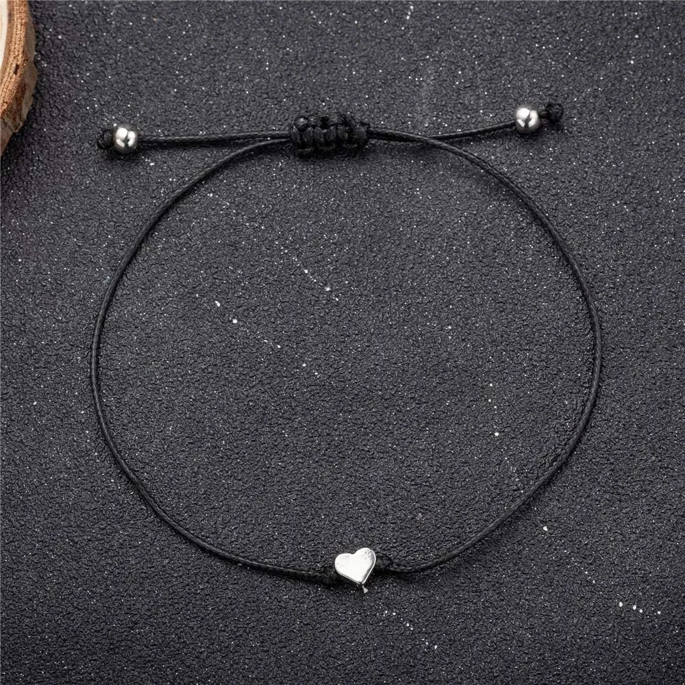 kelistom Red Black String Silver Gold Heart Charm Bracelets for Women Men Handmade Braided Wax Rope Adjustable Bracelet Friendship Jewelry
