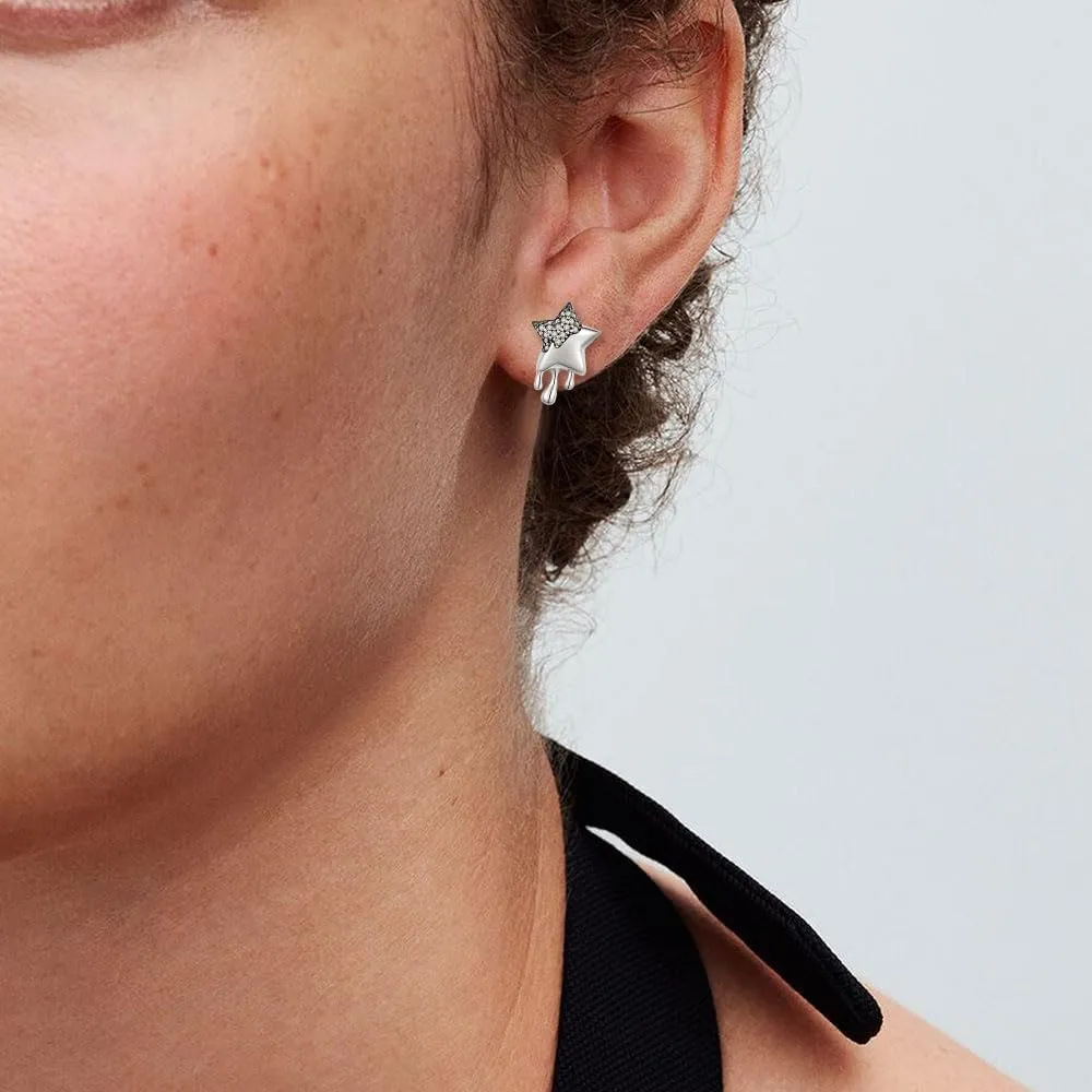 KEQ 925 Sterling Silver Shining Shooting Star Stud Post Earrings Trendy 925 Sterling Silver Post Hypoallergenic Star Earrings