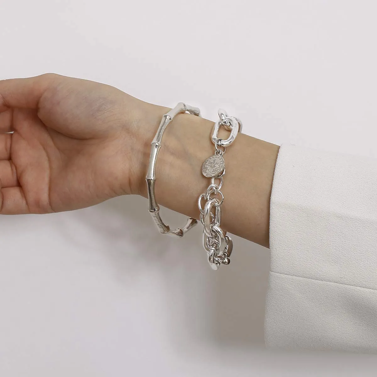 Kercisbeauty 2pcs Bamboo Bangle Cuff Bracelets for Women and Girls Chunky Chain Bracelet with Coin Charm Punk Party Bracelet Set (Silver)