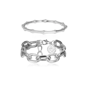 Kercisbeauty 2pcs Bamboo Bangle Cuff Bracelets for Women and Girls Chunky Chain Bracelet with Coin Charm Punk Party Bracelet Set (Silver)