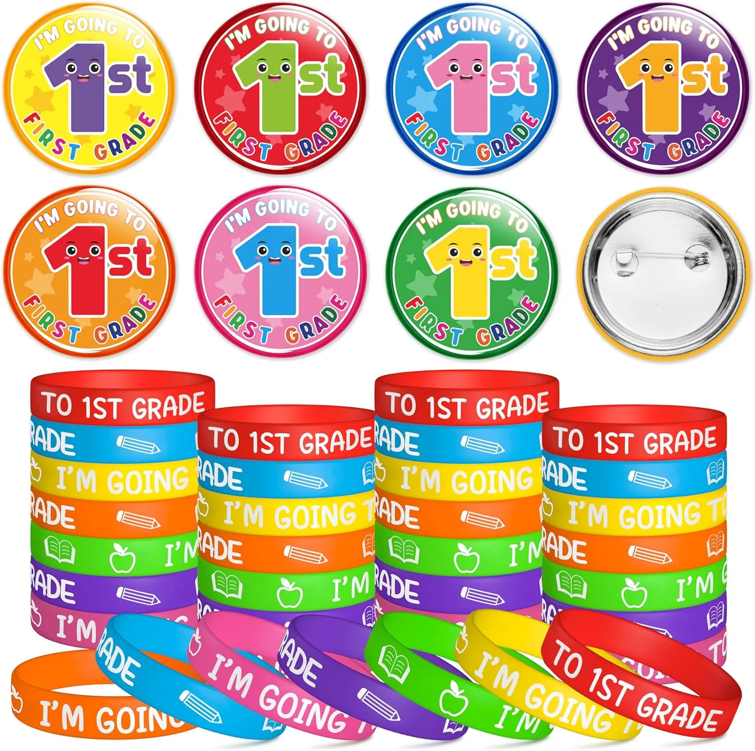 Kindergarten Graduation Party Favors - 56Pcs I'm Going to 1st Grade Button Pin with Silicone Bracelet Class of 2025 Congrats Grad Rubber Wristband Badge Pins for Kids Graduation Ceremony Exchange Gift