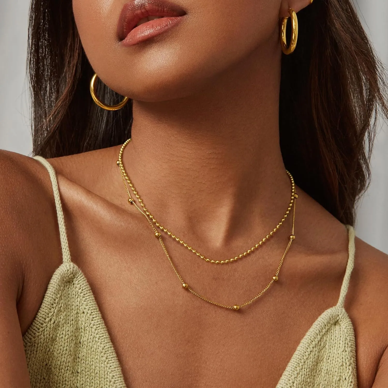 KissYan Gold Beaded Necklace for Women, 14K Gold Plated Adjustable High-Polished Basic Metal Ball Bead Chain Choker Necklace Minimalist Fashion Jewelry Gifts