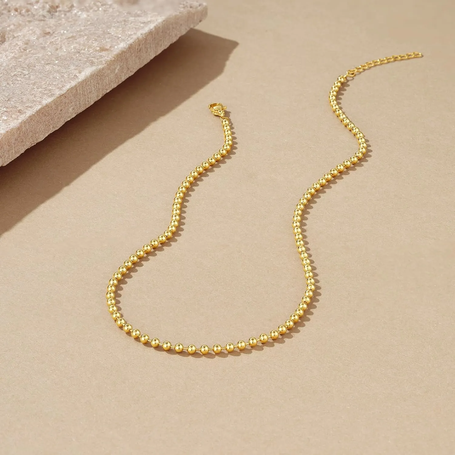 KissYan Gold Beaded Necklace for Women, 14K Gold Plated Adjustable High-Polished Basic Metal Ball Bead Chain Choker Necklace Minimalist Fashion Jewelry Gifts