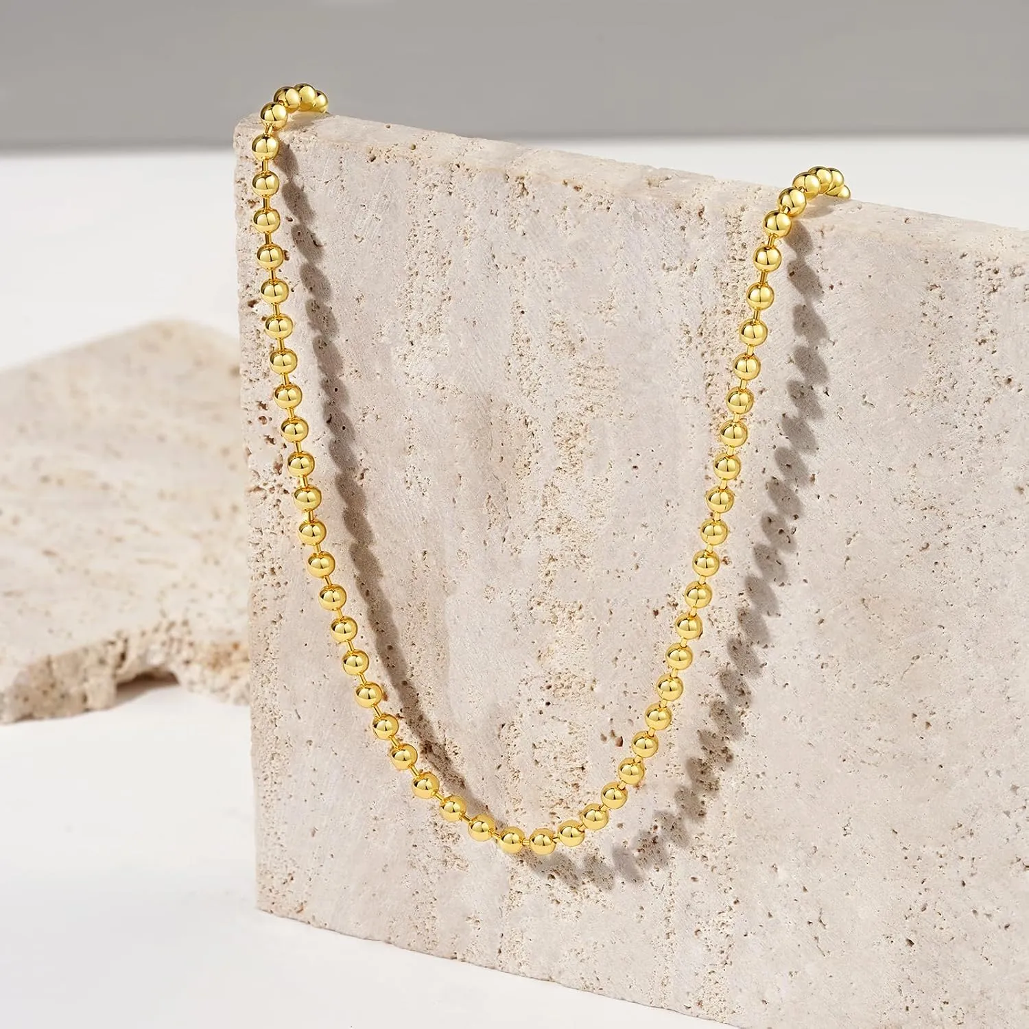 KissYan Gold Beaded Necklace for Women, 14K Gold Plated Adjustable High-Polished Basic Metal Ball Bead Chain Choker Necklace Minimalist Fashion Jewelry Gifts