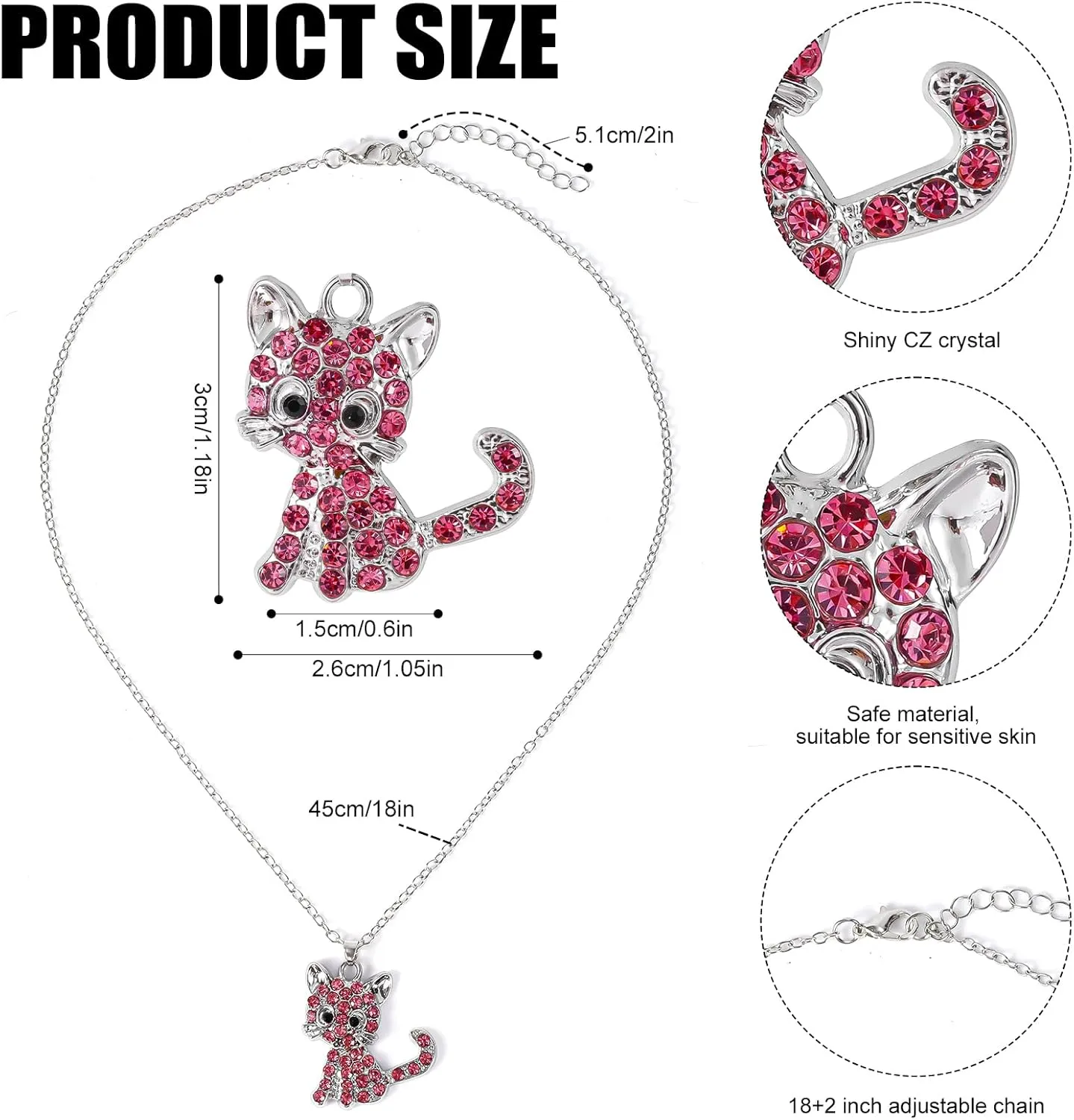 Kitty Pendant Necklace, 18 2 Inch Extension Chain Cute Small Cat Rhinestone Necklace Sparkling Cat Pendant Necklace Cat Jewelry Cat Necklace for Women Gifts