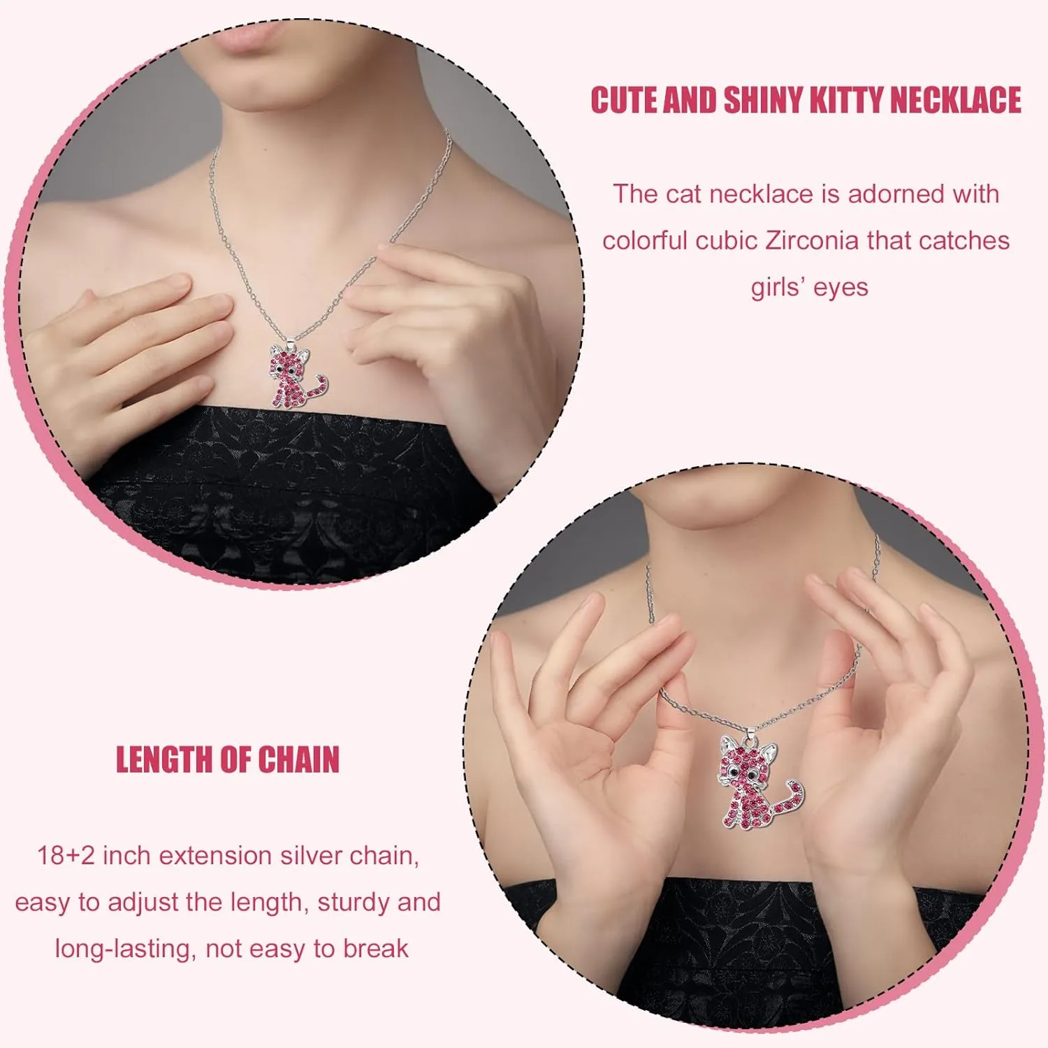 Kitty Pendant Necklace, 18 2 Inch Extension Chain Cute Small Cat Rhinestone Necklace Sparkling Cat Pendant Necklace Cat Jewelry Cat Necklace for Women Gifts