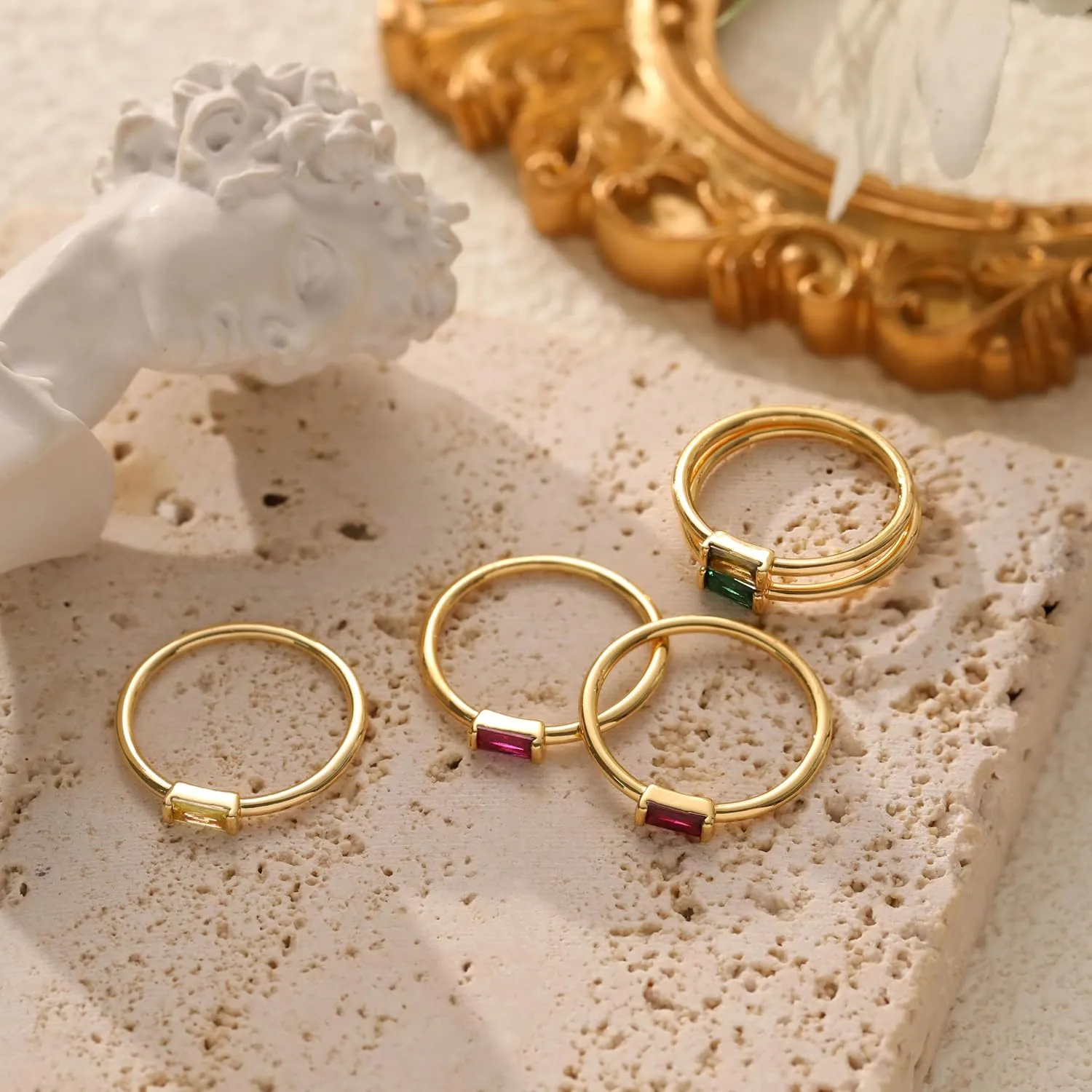 KOHOTA Dainty Gold Birthstone Rings for Women 14k Gold Plated Non Tarnish Thumb Stackable Ring Mothers Birthday Gifts Engagement Wedding Promise Rings Emerald Green Gemstone Jewelry Band Size 6-10