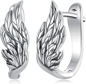 Kokoma Vintage Angel Wing Hoop Earrings for Women 925 Sterling Silver Animal Feather Small Huggie Hoops Cartilage Earrings Studs Minimalist Ear Jewelry