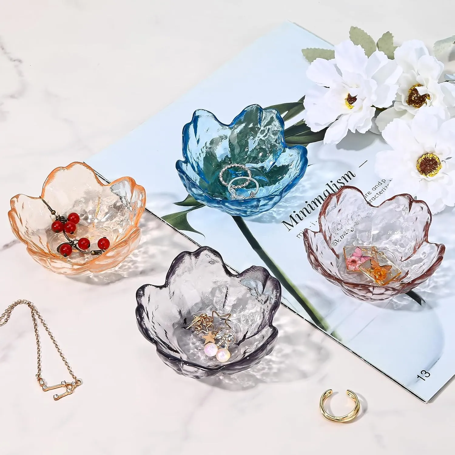 Koythin 2-Piece Glass Jewelry Tray, Mini Ring Dish for Necklace Earring Bracelet, Cute Trinket Tray for Engagement Vanity Bathroom, Crystal Floral Aesthetic Room Decor for Women Girl Mom (Gray)
