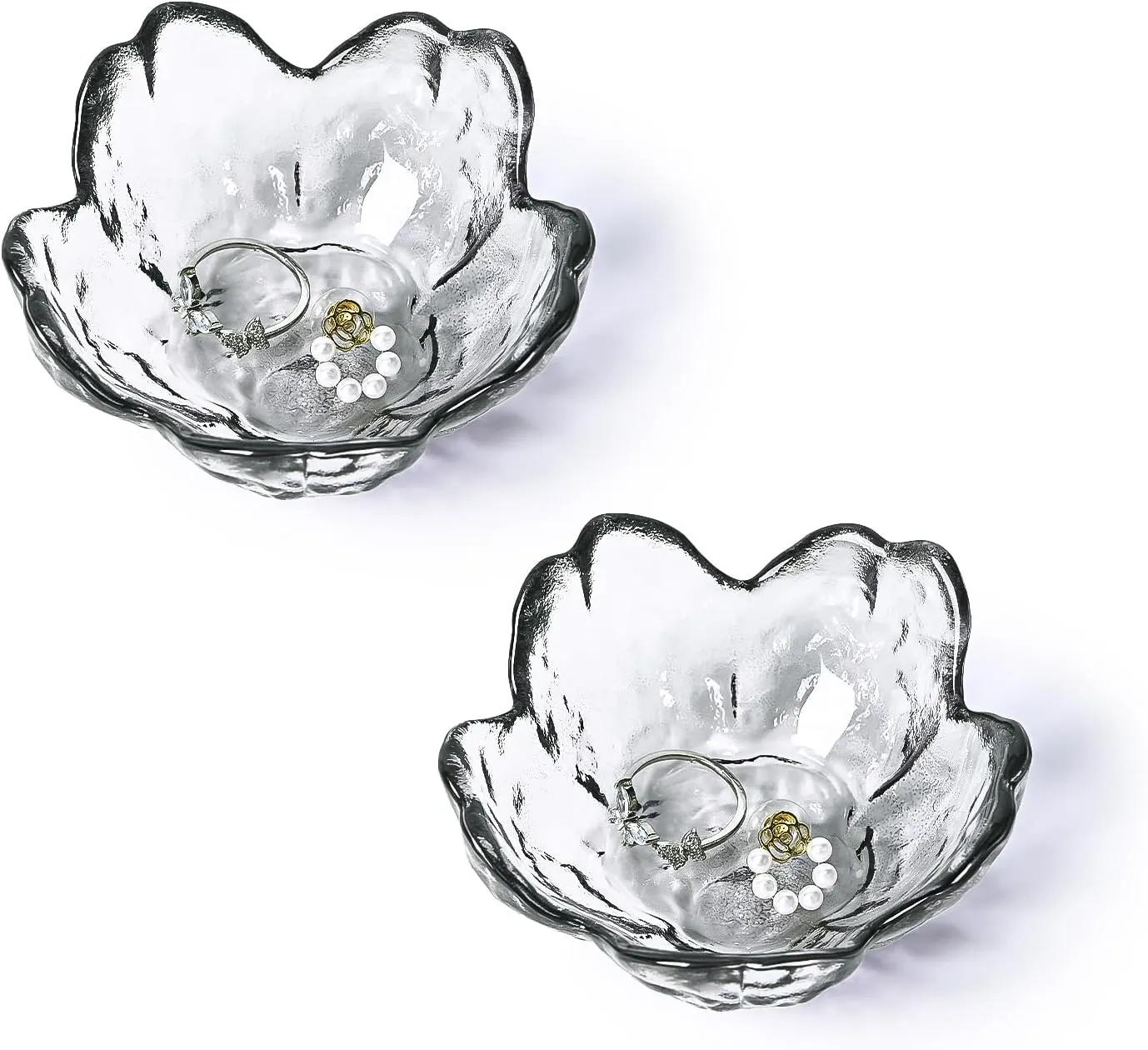Koythin 2-Piece Glass Jewelry Tray, Mini Ring Dish for Necklace Earring Bracelet, Cute Trinket Tray for Engagement Vanity Bathroom, Crystal Floral Aesthetic Room Decor for Women Girl Mom (Gray)