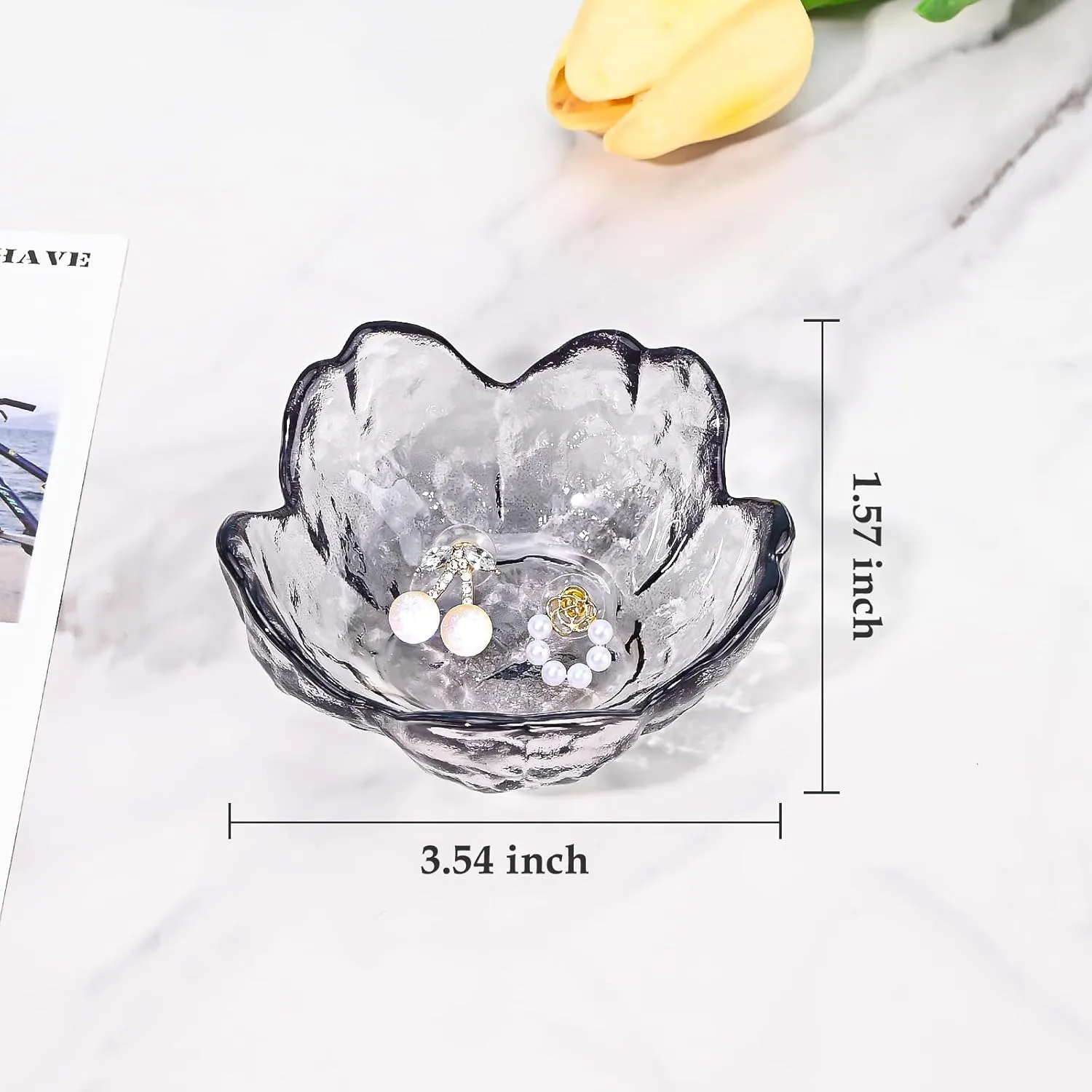 Koythin 2-Piece Glass Jewelry Tray, Mini Ring Dish for Necklace Earring Bracelet, Cute Trinket Tray for Engagement Vanity Bathroom, Crystal Floral Aesthetic Room Decor for Women Girl Mom (Gray)