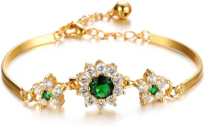 L & J 18k Yellow Gold Sparkling Green Rhinestone Halo Diamond Cut AAA CZ Flower Bangle Bracelet for Women
