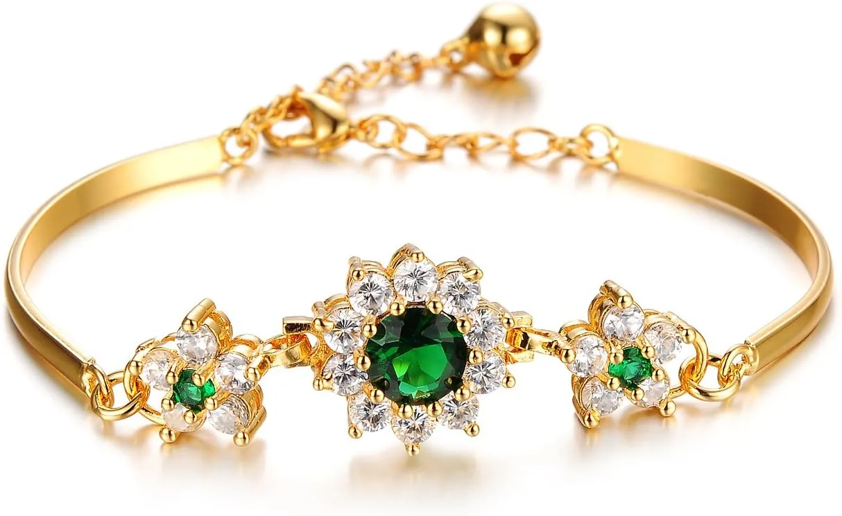 L & J 18k Yellow Gold Sparkling Green Rhinestone Halo Diamond Cut AAA CZ Flower Bangle Bracelet for Women