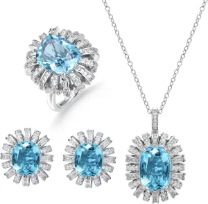 Ladies Luxury Vintage Jewelry Set (Ring   Necklace   Earrings) with Sky Blue, Orange, Champagne Yellow AAA Zirconia, Banquet, Wedding, Bridal, Very Sparkling and Gorgeous!