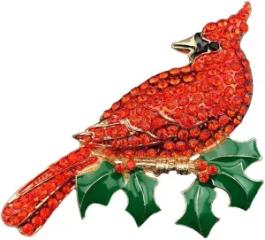 Large Gold Tone Northern Cardinal Brooch With Red Color Crystal Rhinestone Bird Brooches Pins Christmas Bird Brooch