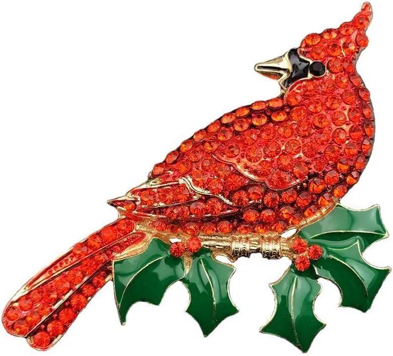Large Gold Tone Northern Cardinal Brooch With Red Color Crystal Rhinestone Bird Brooches Pins Christmas Bird Brooch