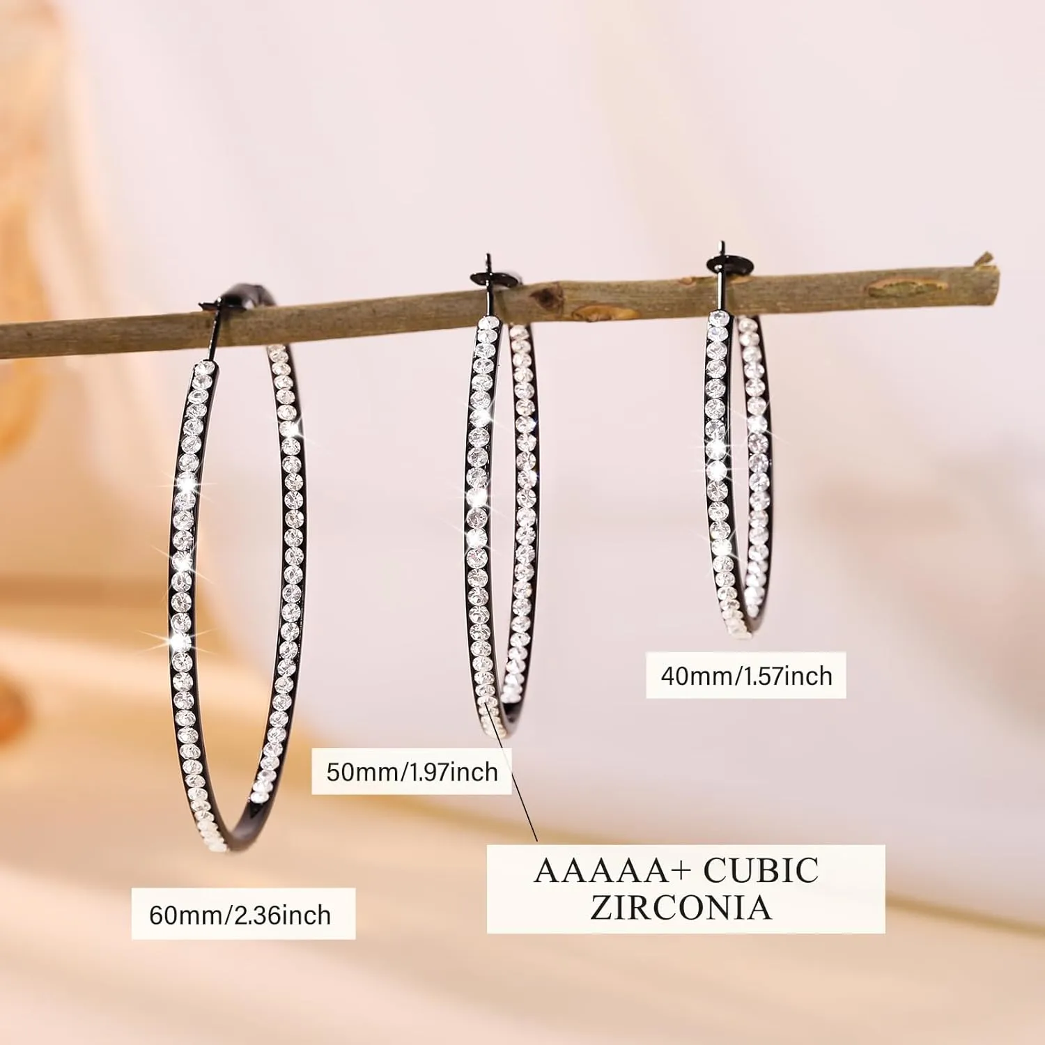 Large Hoop Earrings for Women Black Earrings Silver Crystal Hoop Earring Gold Rhinestone Earrings Big Cubic Zirconia Hoop Earrings Party Dance Fashion Hypoallergenic Jewelry Gift for Her 40/50/60 mm Sparkly Hoops With Crystals for Womens