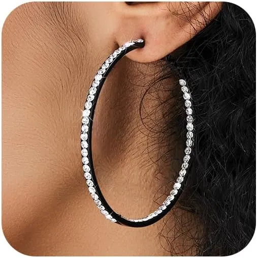 Large Hoop Earrings for Women Black Earrings Silver Crystal Hoop Earring Gold Rhinestone Earrings Big Cubic Zirconia Hoop Earrings Party Dance Fashion Hypoallergenic Jewelry Gift for Her 40/50/60 mm Sparkly Hoops With Crystals for Womens