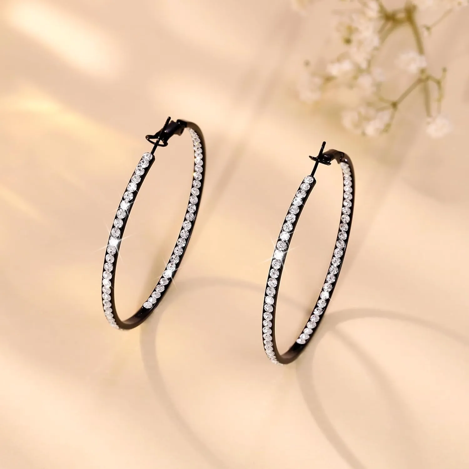 Large Hoop Earrings for Women Black Earrings Silver Crystal Hoop Earring Gold Rhinestone Earrings Big Cubic Zirconia Hoop Earrings Party Dance Fashion Hypoallergenic Jewelry Gift for Her 40/50/60 mm Sparkly Hoops With Crystals for Womens