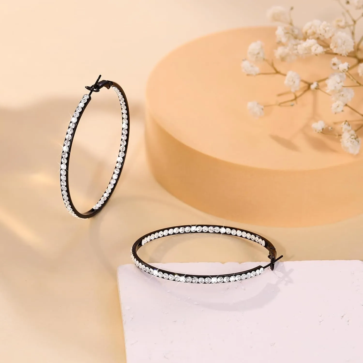Large Hoop Earrings for Women Black Earrings Silver Crystal Hoop Earring Gold Rhinestone Earrings Big Cubic Zirconia Hoop Earrings Party Dance Fashion Hypoallergenic Jewelry Gift for Her 40/50/60 mm Sparkly Hoops With Crystals for Womens
