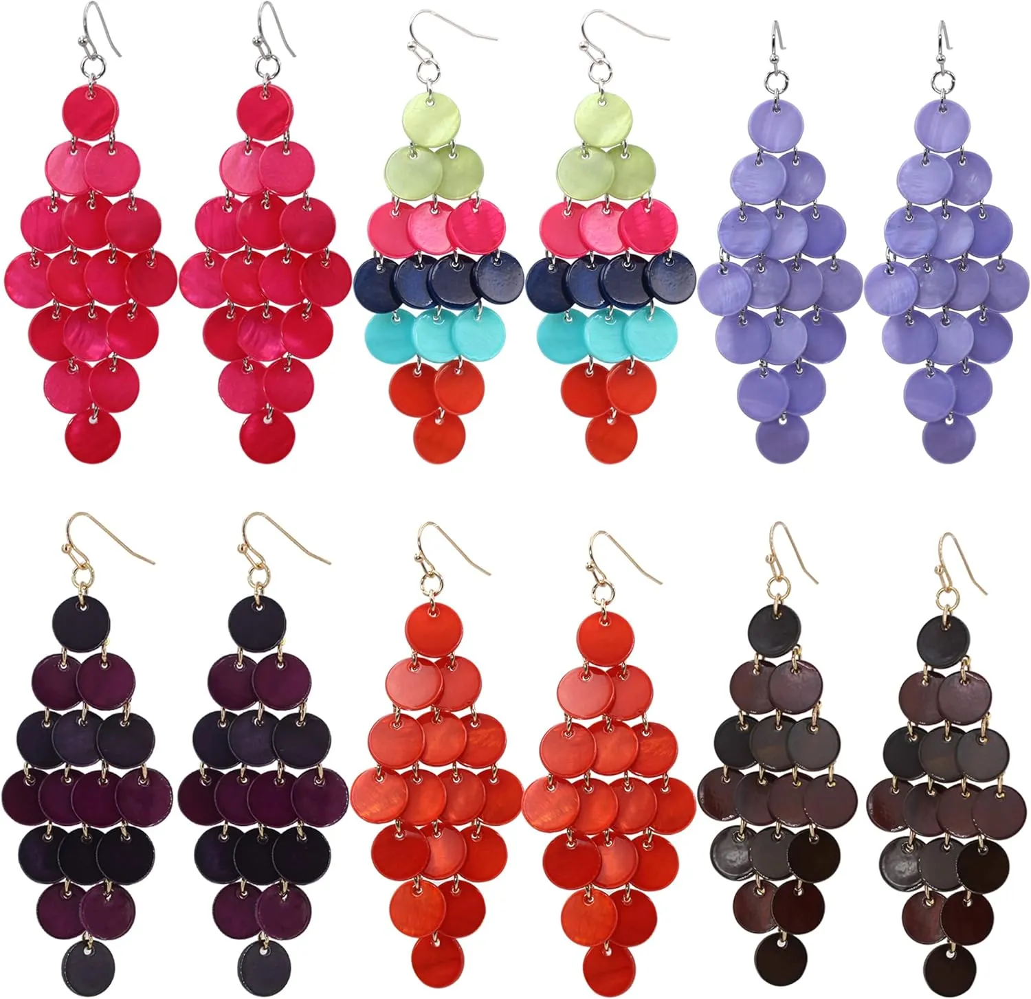 Layered Dangling Shell Disc Beads Earring Handmade Multi Colorful Orange Red Blue Drop Chandelier Earring for Women