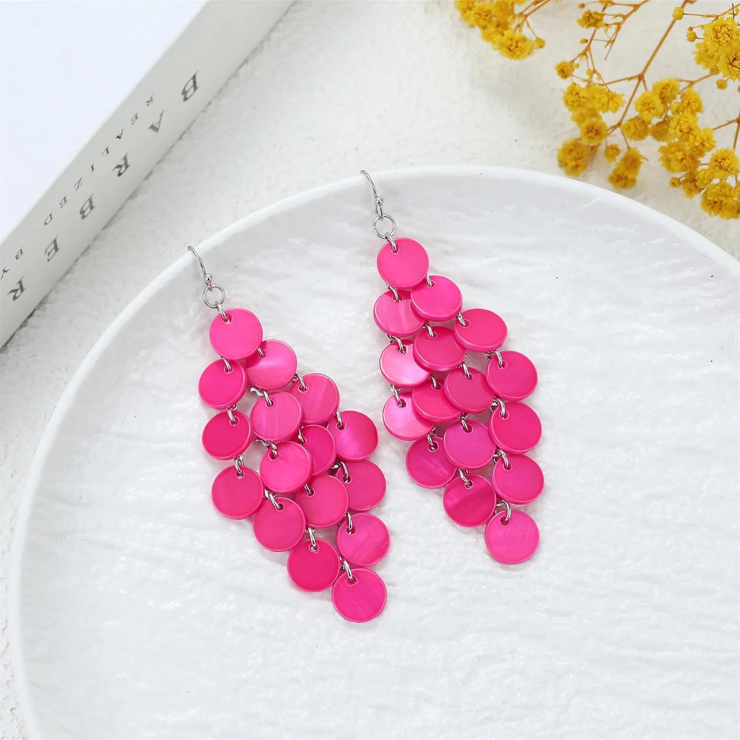 Layered Dangling Shell Disc Beads Earring Handmade Multi Colorful Orange Red Blue Drop Chandelier Earring for Women