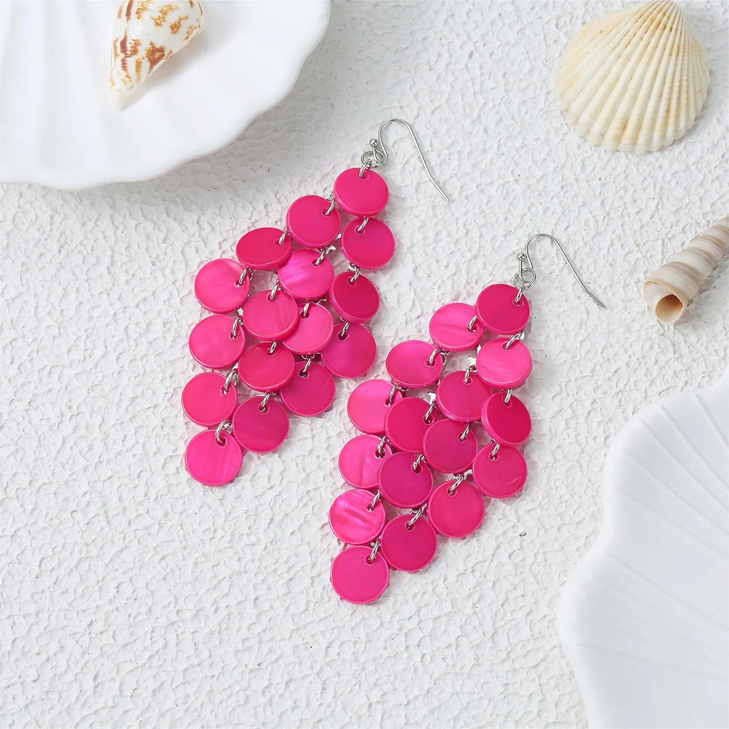 Layered Dangling Shell Disc Beads Earring Handmade Multi Colorful Orange Red Blue Drop Chandelier Earring for Women