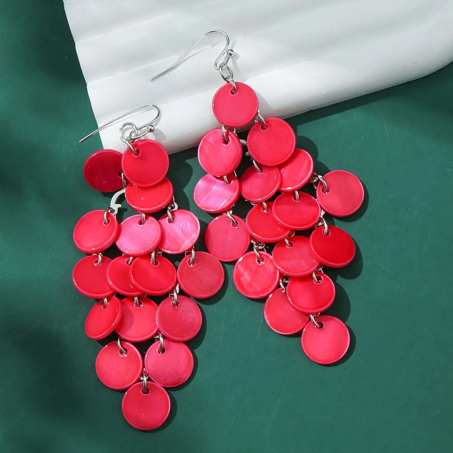 Layered Dangling Shell Disc Beads Earring Handmade Multi Colorful Orange Red Blue Drop Chandelier Earring for Women