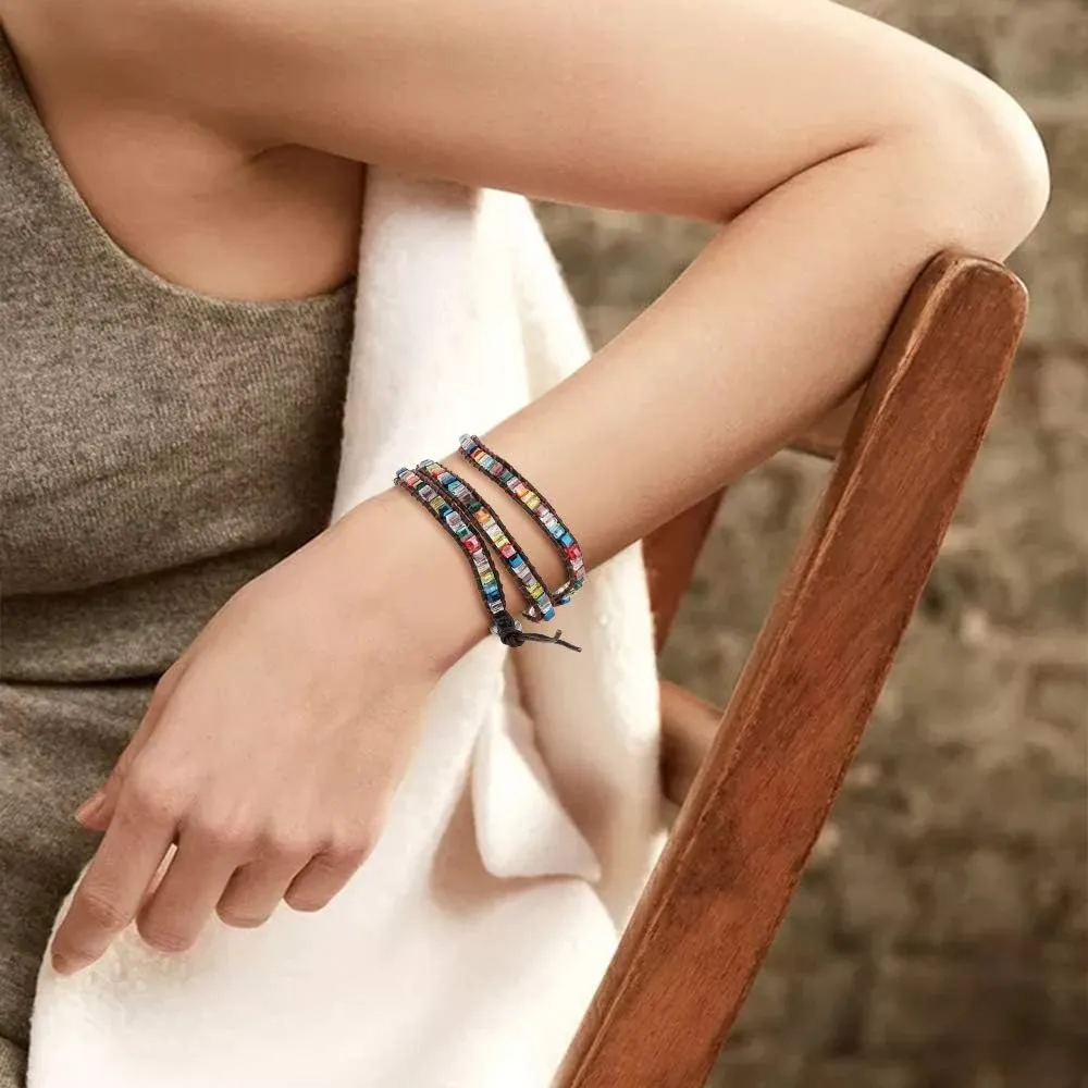 Layered Leather Bracelet, Rivet Leopard Print Bohemian Style Multilayer Wrap Bracelet, Handmade Agate Amethyst Chakra Crystal Glass Beaded Shell Bracelet for Women