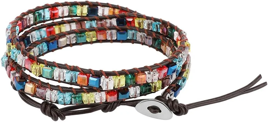 Layered Leather Bracelet, Rivet Leopard Print Bohemian Style Multilayer Wrap Bracelet, Handmade Agate Amethyst Chakra Crystal Glass Beaded Shell Bracelet for Women