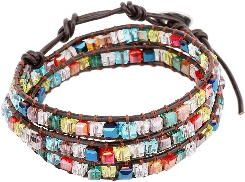 Layered Leather Bracelet, Rivet Leopard Print Bohemian Style Multilayer Wrap Bracelet, Handmade Agate Amethyst Chakra Crystal Glass Beaded Shell Bracelet for Women