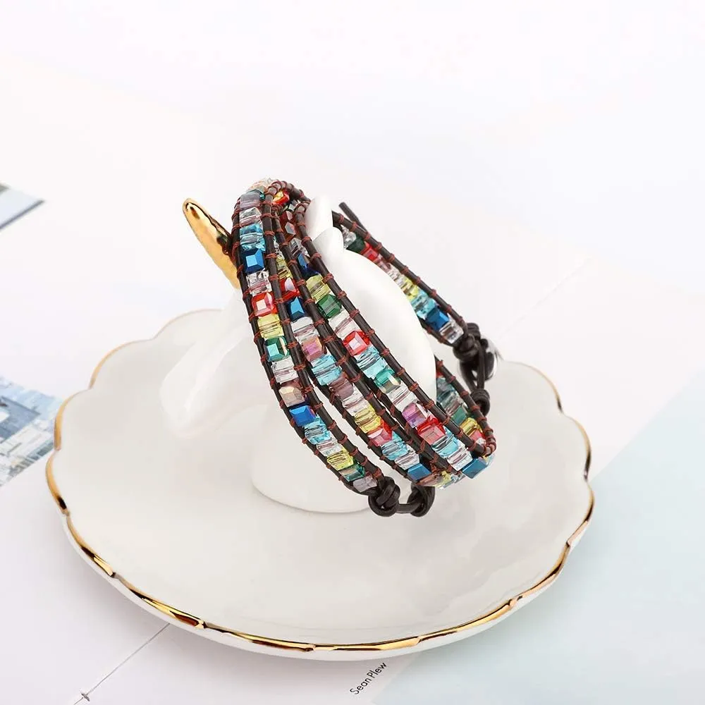 Layered Leather Bracelet, Rivet Leopard Print Bohemian Style Multilayer Wrap Bracelet, Handmade Agate Amethyst Chakra Crystal Glass Beaded Shell Bracelet for Women