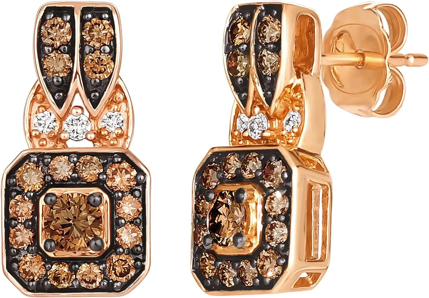 LE VIAN 3/4 Carat White and Brown Diamond Drop Earrings for Women in 14k Rose Gold (VS2-SI1, cttw) Square Dangle Earrings with Push Backs
