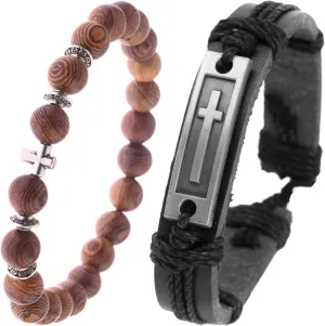 Leather and Wood Beaded Cross Bracelets: Confirmation Gifts for Boys, Sponsor, or Christian Men