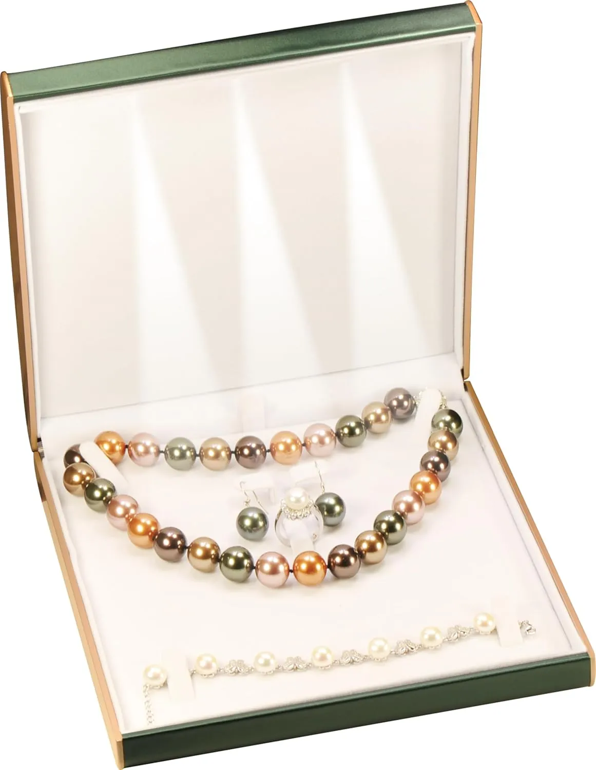 LED Green Extra Large Necklace Pendant Earrings Ring Bracelet Box Luxury PU Leather Dome Top Designed with Gold Color Painted on the Sides Big Jewelry Sets Gift Holder Box with Light for Men for Women(Green)