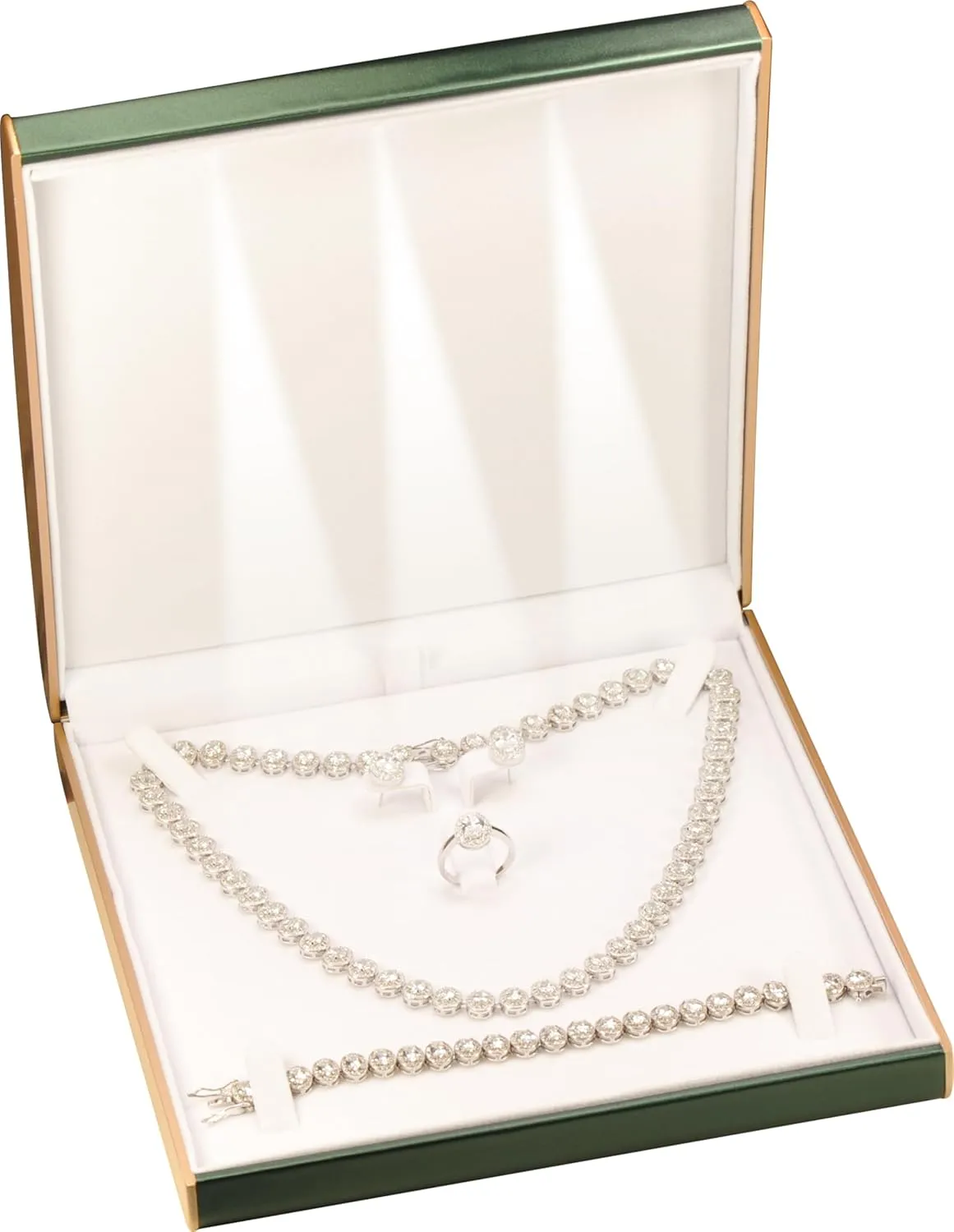 LED Green Extra Large Necklace Pendant Earrings Ring Bracelet Box Luxury PU Leather Dome Top Designed with Gold Color Painted on the Sides Big Jewelry Sets Gift Holder Box with Light for Men for Women(Green)