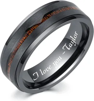 LerchPhi 8MM Mens Wedding Band Black Zirconium Ring KOA Wood Inlay Stepped Edge Unisex Promise Ring for Him and Her