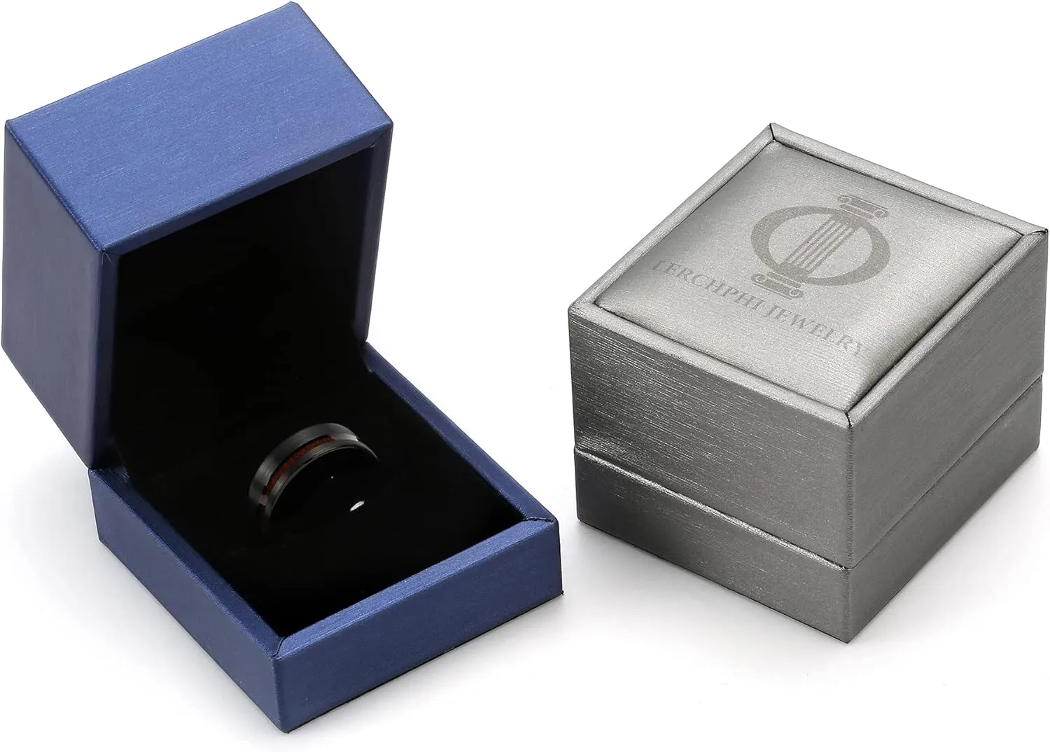 LerchPhi 8MM Mens Wedding Band Black Zirconium Ring KOA Wood Inlay Stepped Edge Unisex Promise Ring for Him and Her