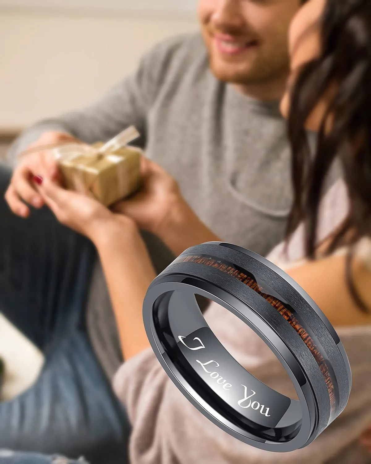LerchPhi 8MM Mens Wedding Band Black Zirconium Ring KOA Wood Inlay Stepped Edge Unisex Promise Ring for Him and Her