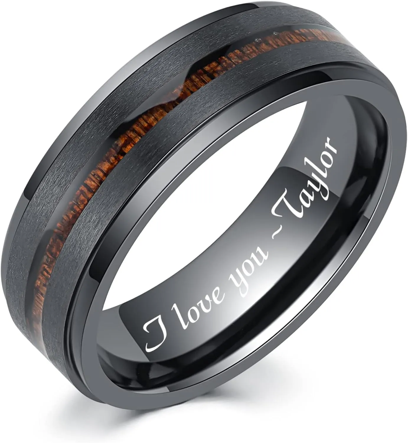 LerchPhi 8MM Mens Wedding Band Black Zirconium Ring KOA Wood Inlay Stepped Edge Unisex Promise Ring for Him and Her