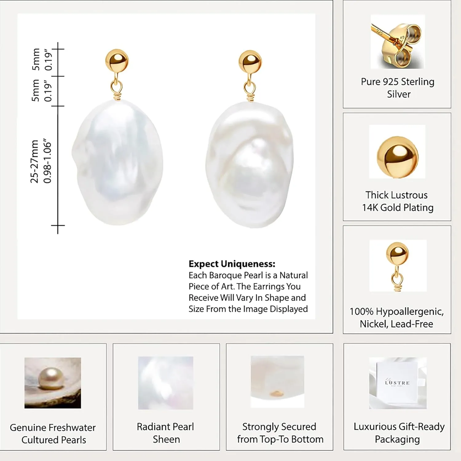 LILY LUSTRE 14k Gold Plated 925 Sterling Silver Handpicked AAAA Quality Natural White Freshwater Cultured Irregular Fireball Baroque Pearl Drop Dangle Bridal Earrings for Women