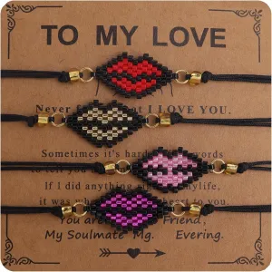 Lip Beaded Friendship Bracelets Stack Set for Women, 4pcs Boho Stackable Kiss Mouth Beads Rope Bracelet Summer Beach Fashion Jewelry Gift