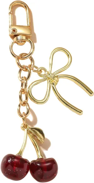 LIU JUN Cherry Keychain For Women, Gold Bow Cherry Keychain Bag Purse Charm Accessories For Women Handbag Jewelry Gift