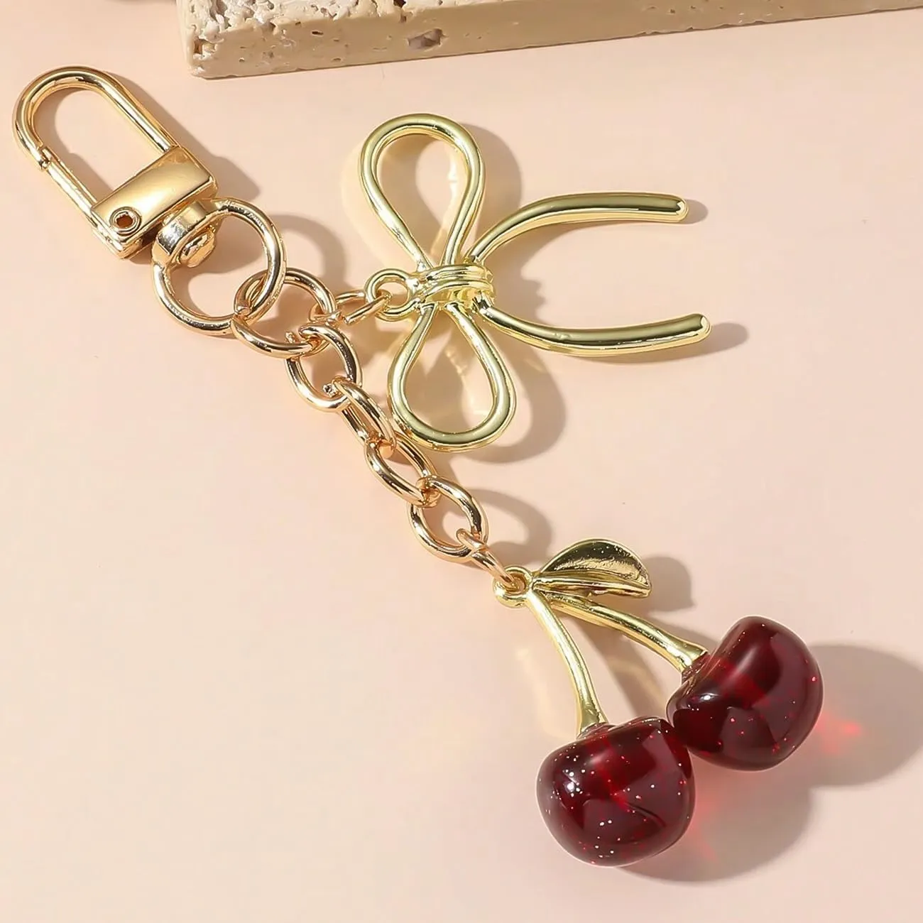 LIU JUN Cherry Keychain For Women, Gold Bow Cherry Keychain Bag Purse Charm Accessories For Women Handbag Jewelry Gift
