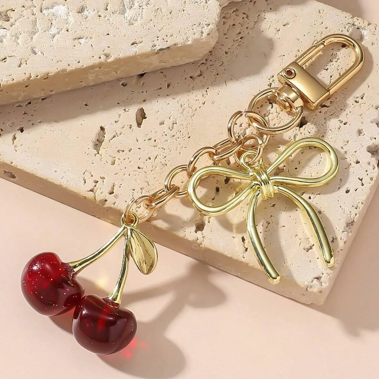 LIU JUN Cherry Keychain For Women, Gold Bow Cherry Keychain Bag Purse Charm Accessories For Women Handbag Jewelry Gift