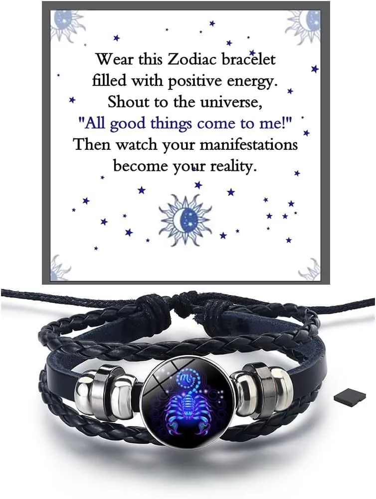 LIU JUN Zodiac Signs Spirit Bracelet For Women, Multilayer Adjustable Twelve 12 Constellation Leather Handmade Woven Glow in the Dark Wristband Men Lover Gifts Jewelry