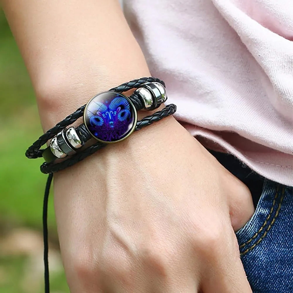 LIU JUN Zodiac Signs Spirit Bracelet For Women, Multilayer Adjustable Twelve 12 Constellation Leather Handmade Woven Glow in the Dark Wristband Men Lover Gifts Jewelry